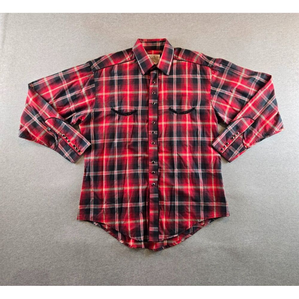 Rockmount Ranch Wear Flannel Shirt Men's M‎ Red Black Diamond Pearl Snap USA VTG